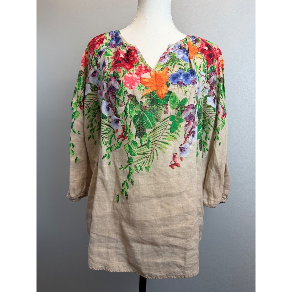 Chicos Size 1/Medium 100% Linen Tropical Floral Print Tunic Blouse Resort Summer